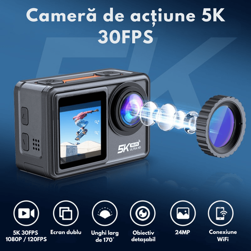 TV, Audio-Video si Foto - Camere de actiune si drone - Camere de actiune - Camera de Actiune 5K Ultra HD, Dasbo®, Ecran Dublu, Wifi + Aplicatie, 48MP, Rezistenta la Apa 30M, Telecomanda - Infinity.ro