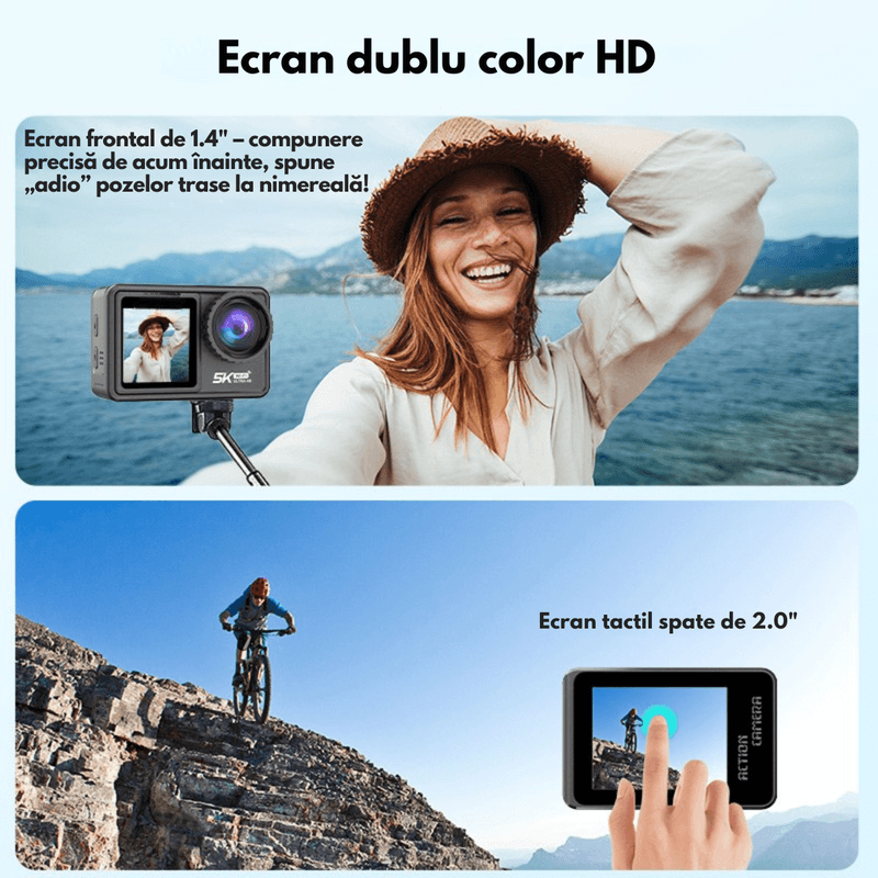 TV, Audio-Video si Foto - Camere de actiune si drone - Camere de actiune - Camera de Actiune 5K Ultra HD, Dasbo®, Ecran Dublu, Wifi + Aplicatie, 48MP, Rezistenta la Apa 30M, Telecomanda - Infinity.ro