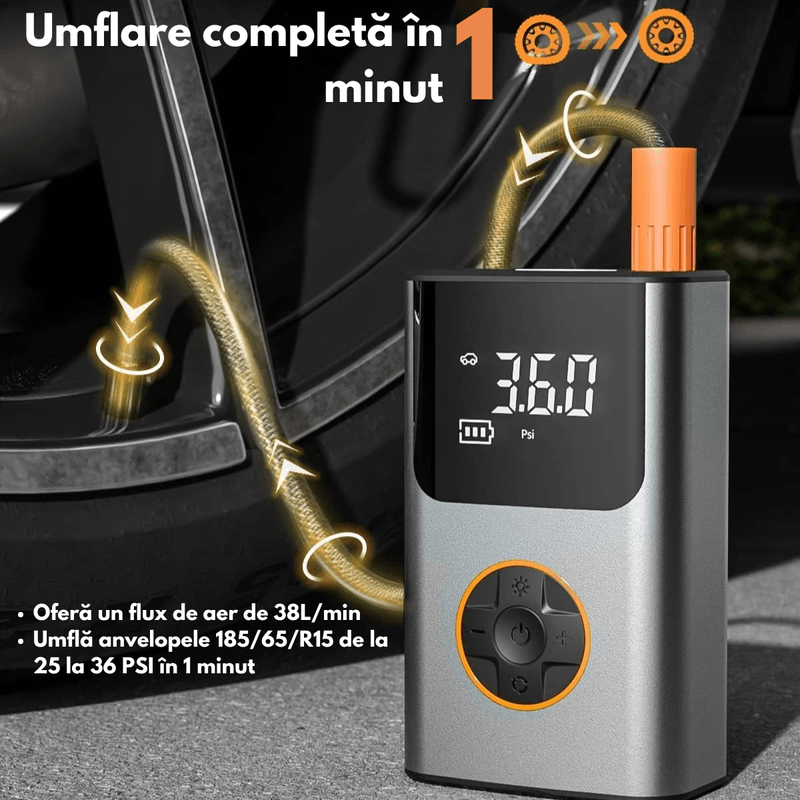 Auto si Moto - Reparatii si depanare - Compresoare auto - Compresor de Aer Portabil 6-in-1, Pompa Auto Multifunctionala, Bicicleta, Motocicleta si Mingi, cu Baterie 5200mAh - Infinity.ro