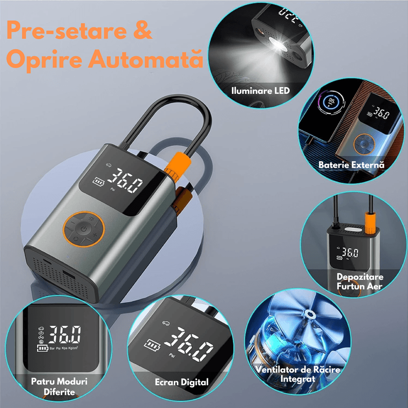Auto si Moto - Reparatii si depanare - Compresoare auto - Compresor de Aer Portabil 6-in-1, Pompa Auto Multifunctionala, Bicicleta, Motocicleta si Mingi, cu Baterie 5200mAh - Infinity.ro