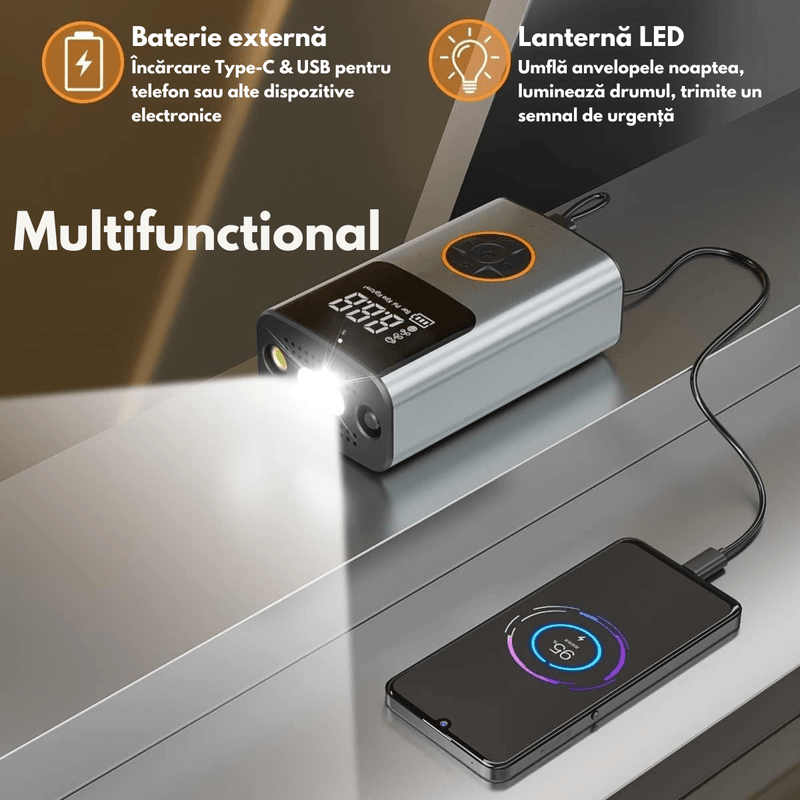 Auto si Moto - Reparatii si depanare - Compresoare auto - Compresor de Aer Portabil 6-in-1, Pompa Auto Multifunctionala, Bicicleta, Motocicleta si Mingi, cu Baterie 5200mAh - Infinity.ro