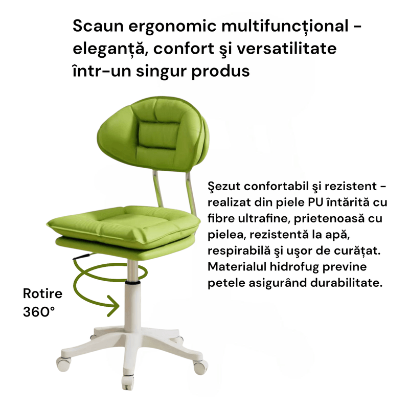 Casa si Gradina - Mobilier - Scaune si fotolii - Scaune - Scaun ergonomic, elegant si versatil, rotativ, mobil, ajustabil pe inaltime (65–75 cm), piele PU, verde - Infinity.ro