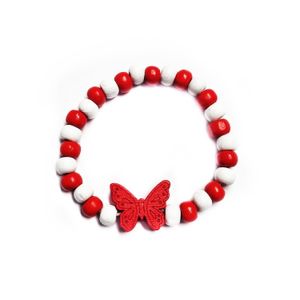 Bratara copii elastica, cu charm fluturas rosu stilizat si margelute din lemn, model 14