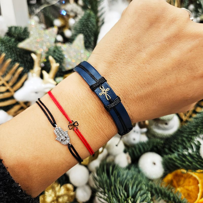 Fashion, accesorii si bijuterii - Barbati - Bijuterii barbati - Bratari barbati - Bratara barbati din piele naturala albastru inchis cu Cruciulita din Aur 14k, reglabila, realizata manual - Infinity.ro