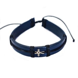 Bratara barbati din piele naturala albastru inchis cu Cruciulita din Aur 14k, reglabila, realizata manual