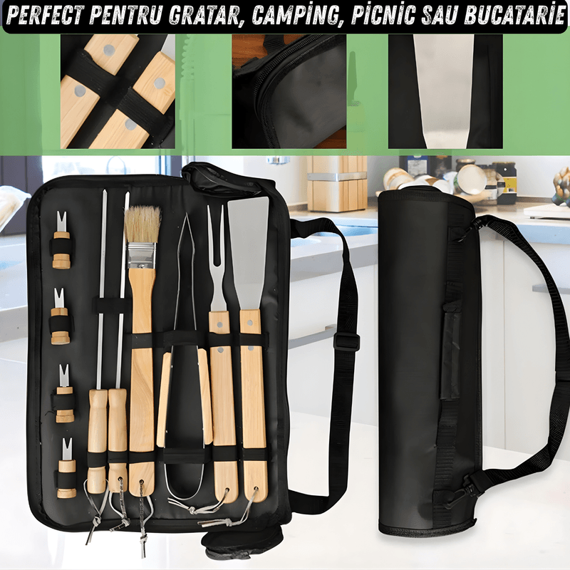 Casa si Gradina - Gradina si terasa - Gratare si accesorii - Accesorii gratare - Set complet ustensile pentru gratar din inox cu manere din lemn, 11 piese pentru gatit, livrat in geanta practica - Infinity.ro