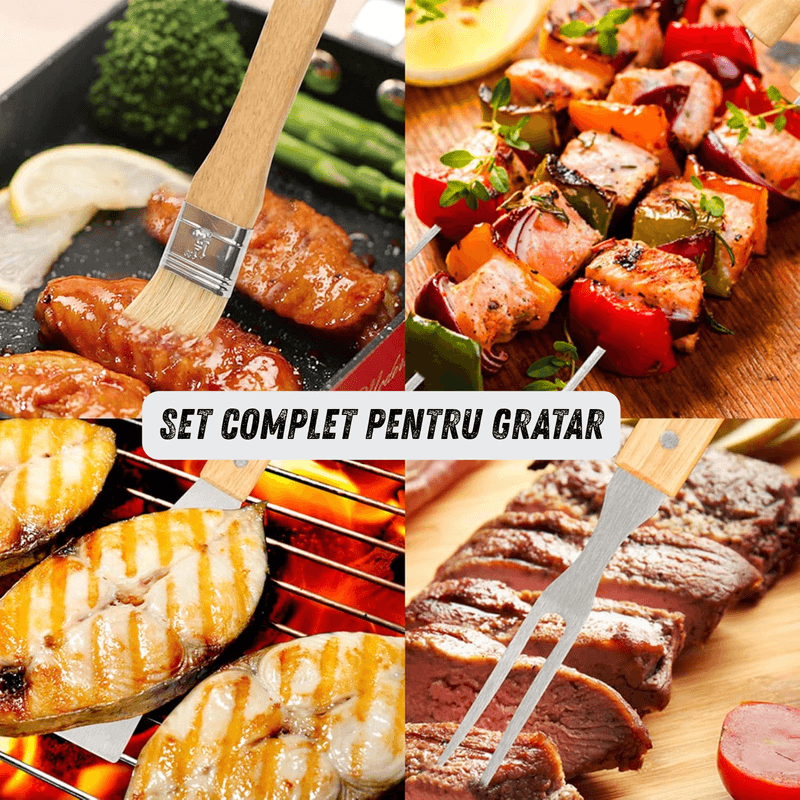 Casa si Gradina - Gradina si terasa - Gratare si accesorii - Accesorii gratare - Set complet ustensile pentru gratar din inox cu manere din lemn, 11 piese pentru gatit, livrat in geanta practica - Infinity.ro