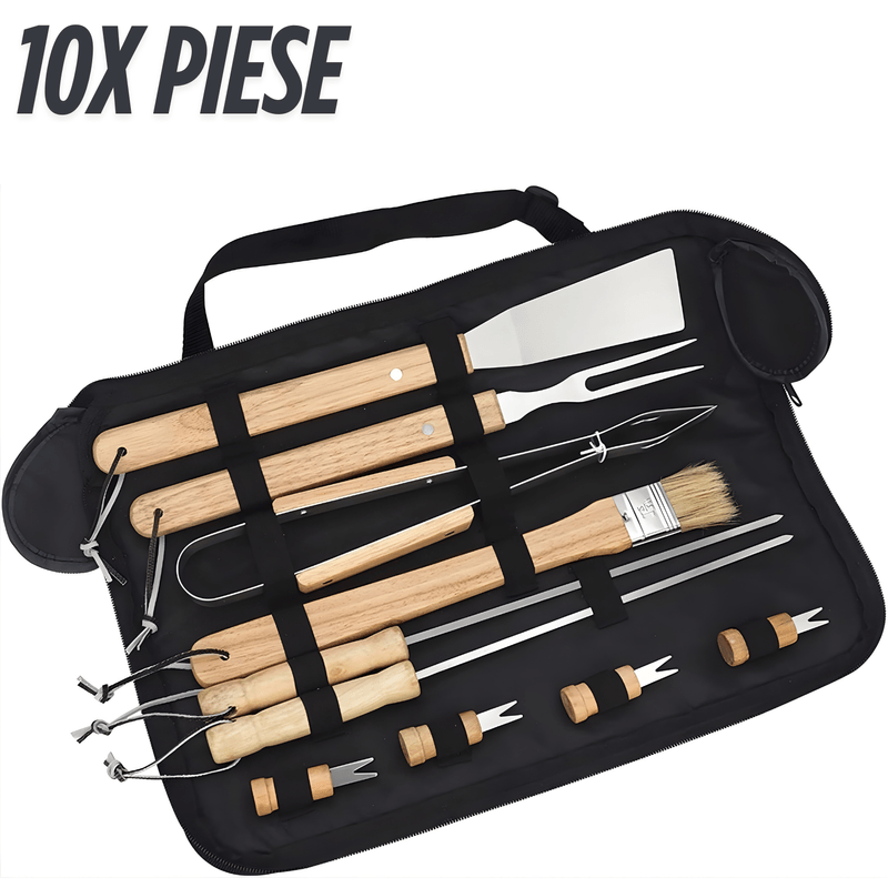 Casa si Gradina - Gradina si terasa - Gratare si accesorii - Accesorii gratare - Set complet ustensile pentru gratar din inox cu manere din lemn, 11 piese pentru gatit, livrat in geanta practica - Infinity.ro