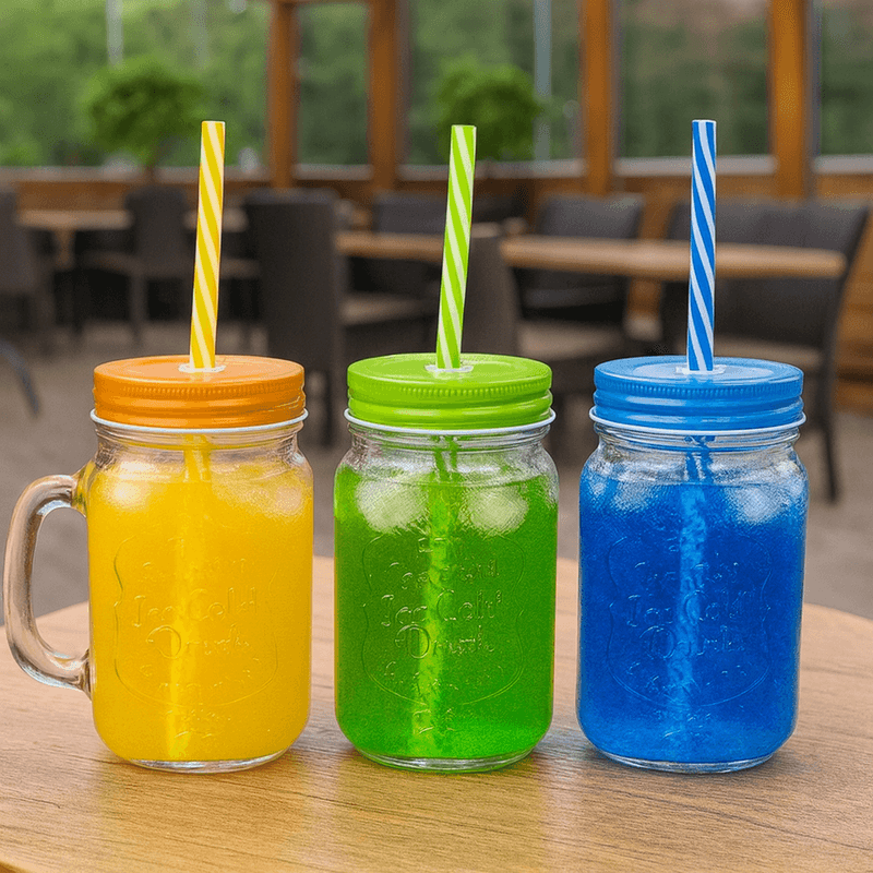 Casa si Gradina - Bucatarie si vesela - Cani si pahare - Pahare - Set 12 bucati pahare sticla cu pai si capac pentru servire bauturi, capacitate 480ml - Infinity.ro