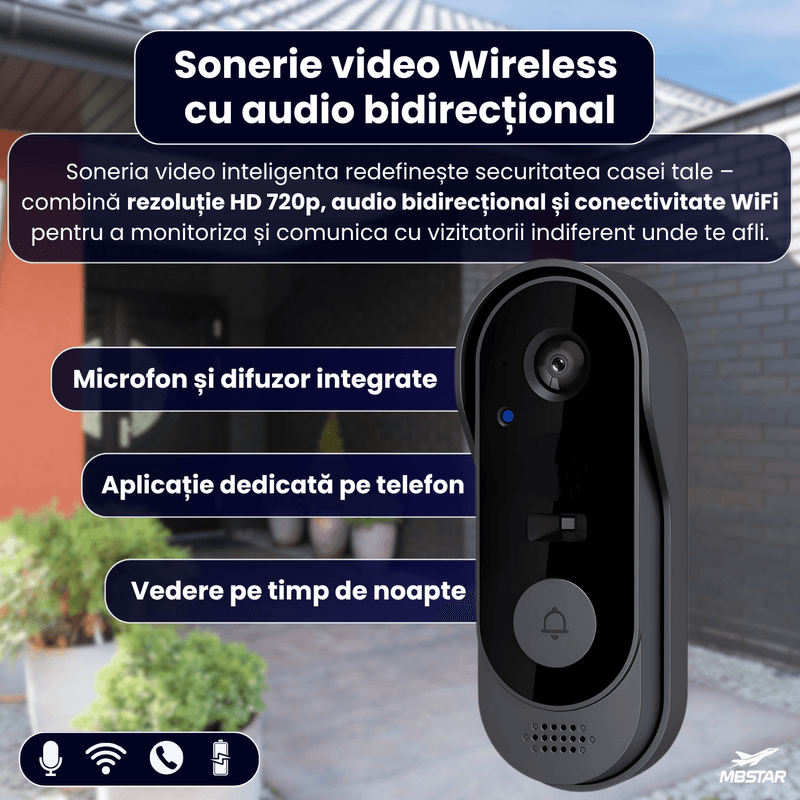 Casa si Gradina - Electrice - Accesorii electrice - Sonerii electrice - Sonerie Video cu Cameră HD 720P, Wi-Fi, Aplicație Mobilă, Viziune Nocturnă - Infinity.ro