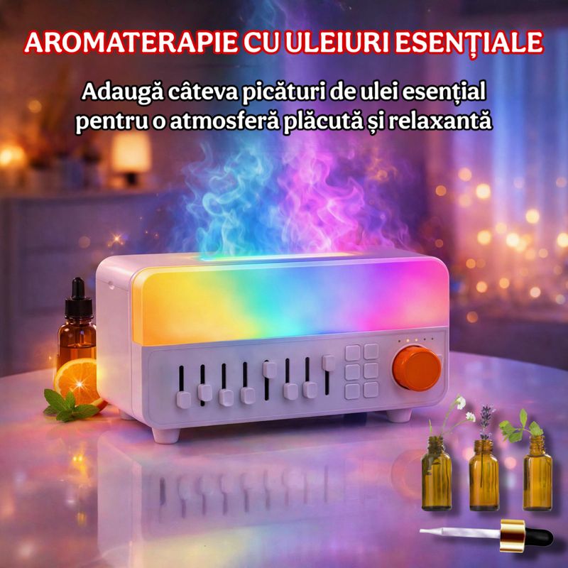 Electronice si Electrocasnice - Climatizare si sisteme de incalzire - Aparate filtrare aer - Umidificatoare - Umidificator Aer Tip Radio cu 12 Culori si 8 Sunete din Natura, Difuzor Uleiuri Esentiale 4-in-1 - Infinity.ro