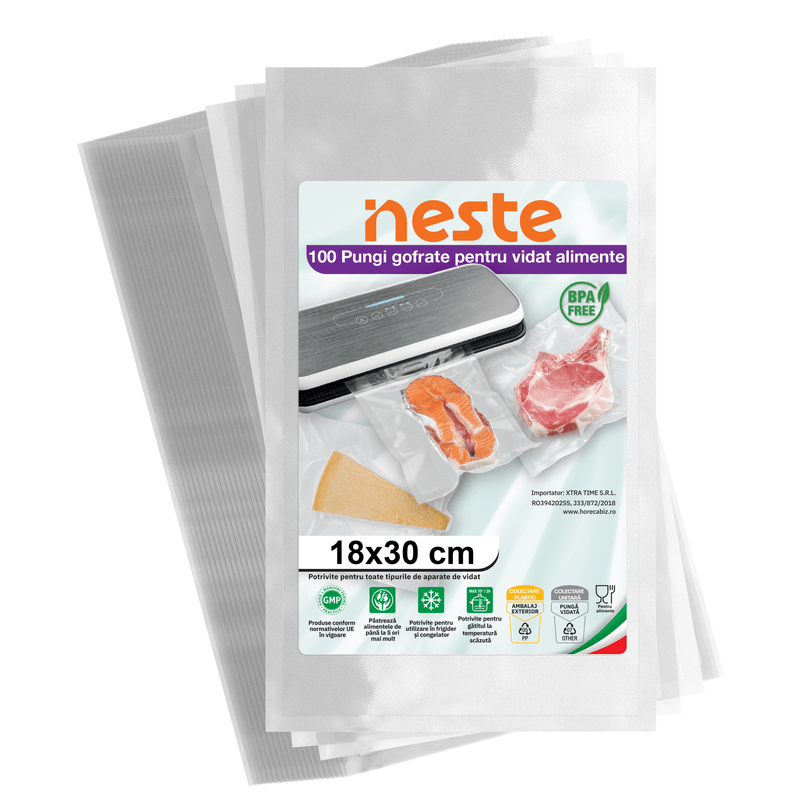 Market - Curatenie si intretinere casa - Produse bucatarie - Pungi si folii alimentare - Pungi Gofrate Neste pentru Vidat Alimente – Set 100 Bucati, Dimensiuni Variate - - Infinity.ro