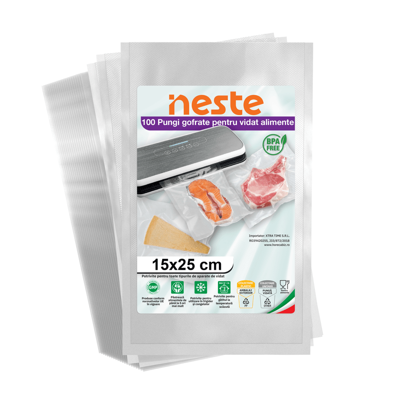 Market - Curatenie si intretinere casa - Produse bucatarie - Pungi si folii alimentare - Pungi Gofrate Neste pentru Vidat Alimente – Set 100 Bucati, Dimensiuni Variate - - Infinity.ro