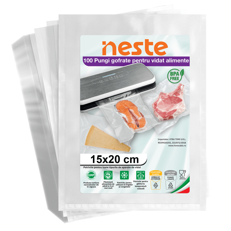 Market - Curatenie si intretinere casa - Produse bucatarie - Pungi si folii alimentare - Pungi Gofrate Neste pentru Vidat Alimente – Set 100 Bucati, Dimensiuni Variate - - Infinity.ro