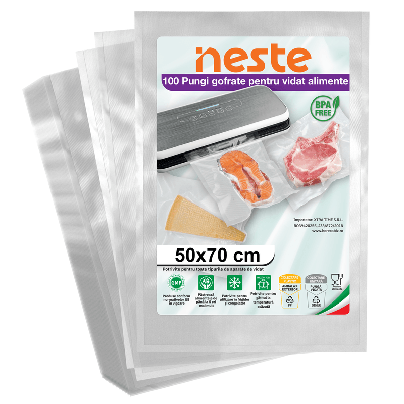 Market - Curatenie si intretinere casa - Produse bucatarie - Pungi si folii alimentare - Pungi Gofrate Neste pentru Vidat Alimente – Set 100 Bucati, Dimensiuni Variate - - Infinity.ro