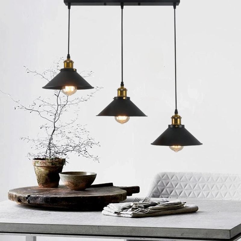 Casa si Gradina - Corpuri si surse de iluminat - Lustre si pendule - Corp de iluminat pendul retro industrial, AB Luxury Concept, 3 pendule, auriu antic/negru, dim. abajur 22cm, 50x120cm - Infinity.ro