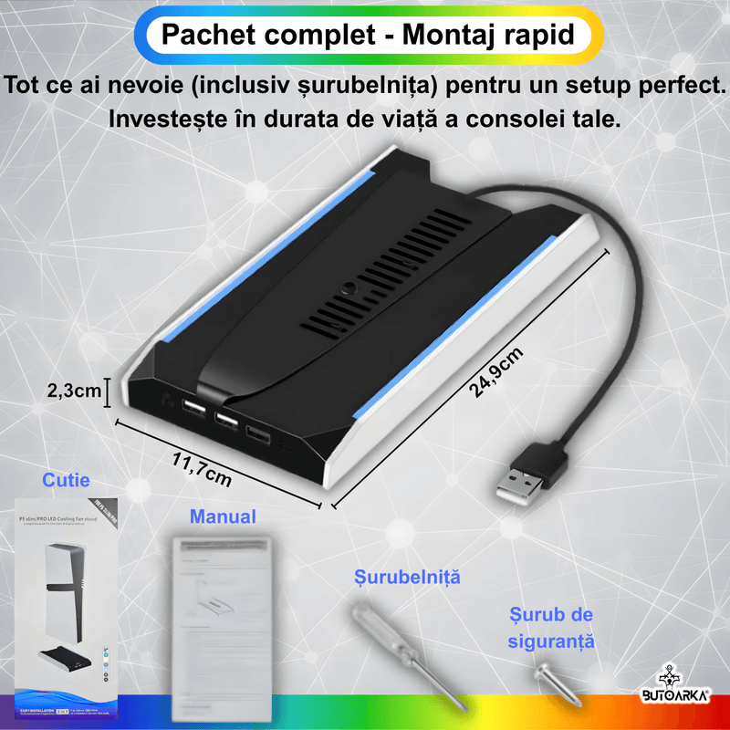 PC, gaming si accesorii - Gaming - Accesorii gaming - Accesorii console gaming - Stand Vertical Racire, Cooler Consola Playstation 5 Slim & Pro Disc/Digital, 3 Viteze, Iluminare LED RGB, 3 Porturi USB - Infinity.ro