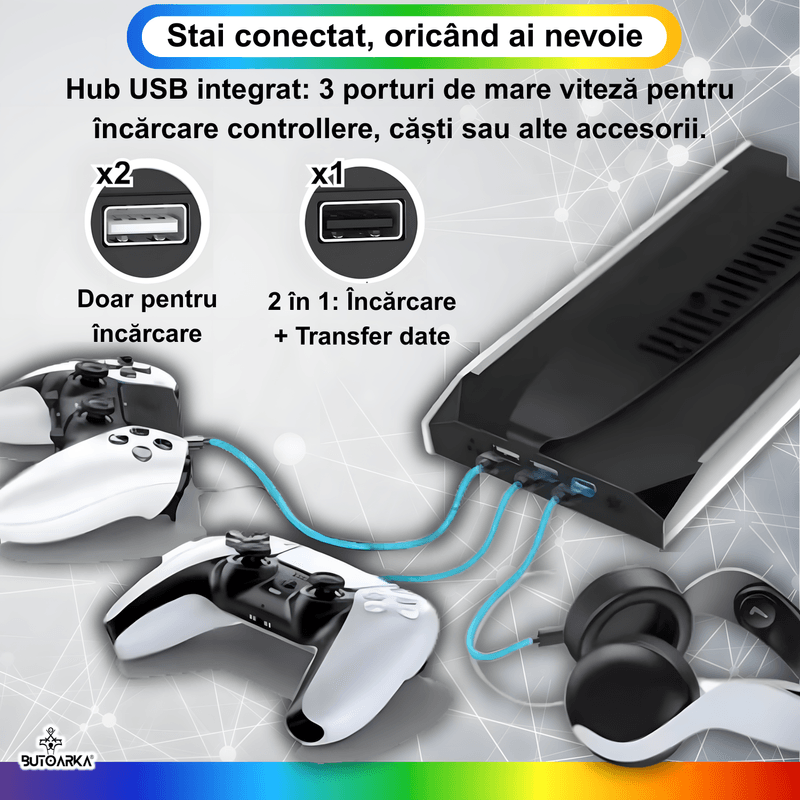PC, gaming si accesorii - Gaming - Accesorii gaming - Accesorii console gaming - Stand Vertical Racire, Cooler Consola Playstation 5 Slim & Pro Disc/Digital, 3 Viteze, Iluminare LED RGB, 3 Porturi USB - Infinity.ro