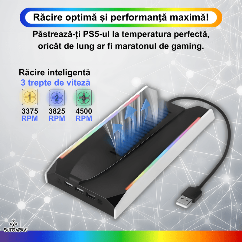 PC, gaming si accesorii - Gaming - Accesorii gaming - Accesorii console gaming - Stand Vertical Racire, Cooler Consola Playstation 5 Slim & Pro Disc/Digital, 3 Viteze, Iluminare LED RGB, 3 Porturi USB - Infinity.ro