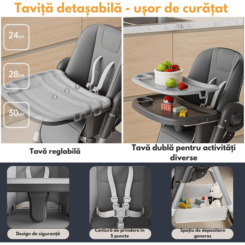 Jucarii, Copii si Bebe - Hrana si alaptare - Scaune de masa bebe - Scaun de Masa Pliabil 3 in 1 pentru Bebelusi si Copii, Qova®, Multifunctional, Reglabil pe inaltime, 4 Pozitii inclinare - Infinity.ro