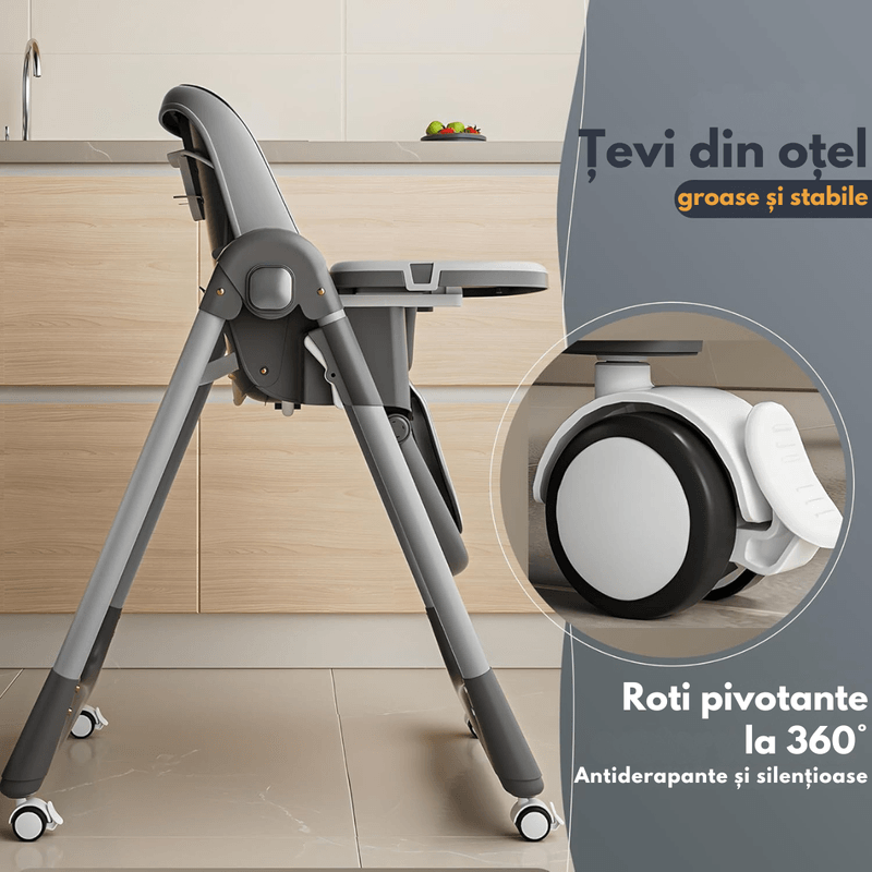 Jucarii, Copii si Bebe - Hrana si alaptare - Scaune de masa bebe - Scaun de Masa Pliabil 3 in 1 pentru Bebelusi si Copii, Qova®, Multifunctional, Reglabil pe inaltime, 4 Pozitii inclinare - Infinity.ro