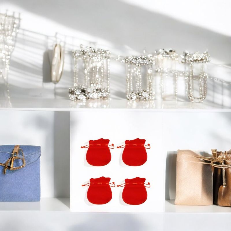 Fashion, accesorii si bijuterii - Femei - Bijuterii femei - Cutii bijuterii - Set 4 saculeti catifea, cu snur, rosu, pentru cadouri si bijuterii, 85x120 mm - Infinity.ro