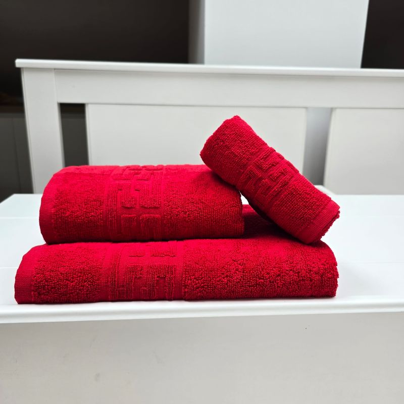 Casa si Gradina - Textile si covoare - Textile baie - Prosoape - Set 3 prosoape baie Greek Border Jacquard Plush Luxury - 100% Bumbac, 500g/mp, rosu - Infinity.ro