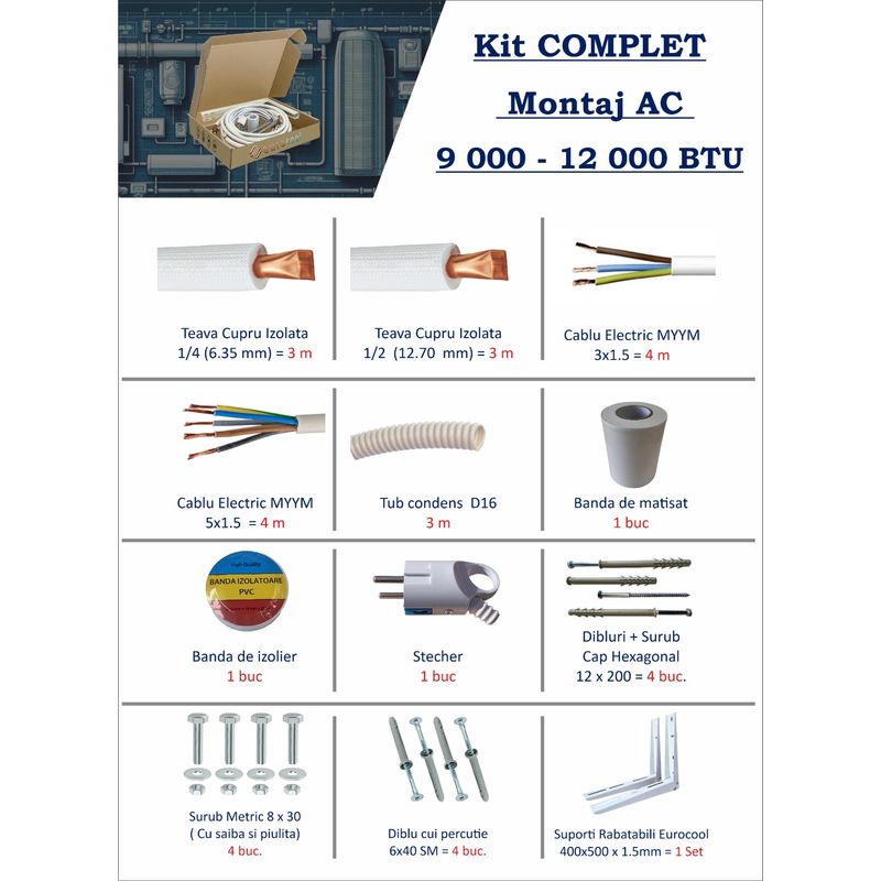 Electronice si Electrocasnice - Climatizare si sisteme de incalzire - Accesorii si consumabile climatizare - Kit COMPLET Montaj AC 9.000 BTU - 12.000 BTU - Infinity.ro