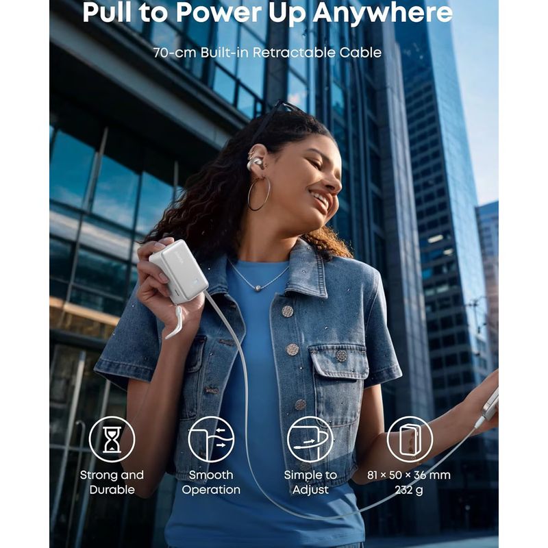 Laptop, Telefoane si Tablete - Telefoane mobile si accesorii - Accesorii Telefoane - Baterii externe - Acumulator extern Anker Nano 10.000 mAh, 45W, cu cablu USB-C InstaCord retractabil, Alb - Infinity.ro