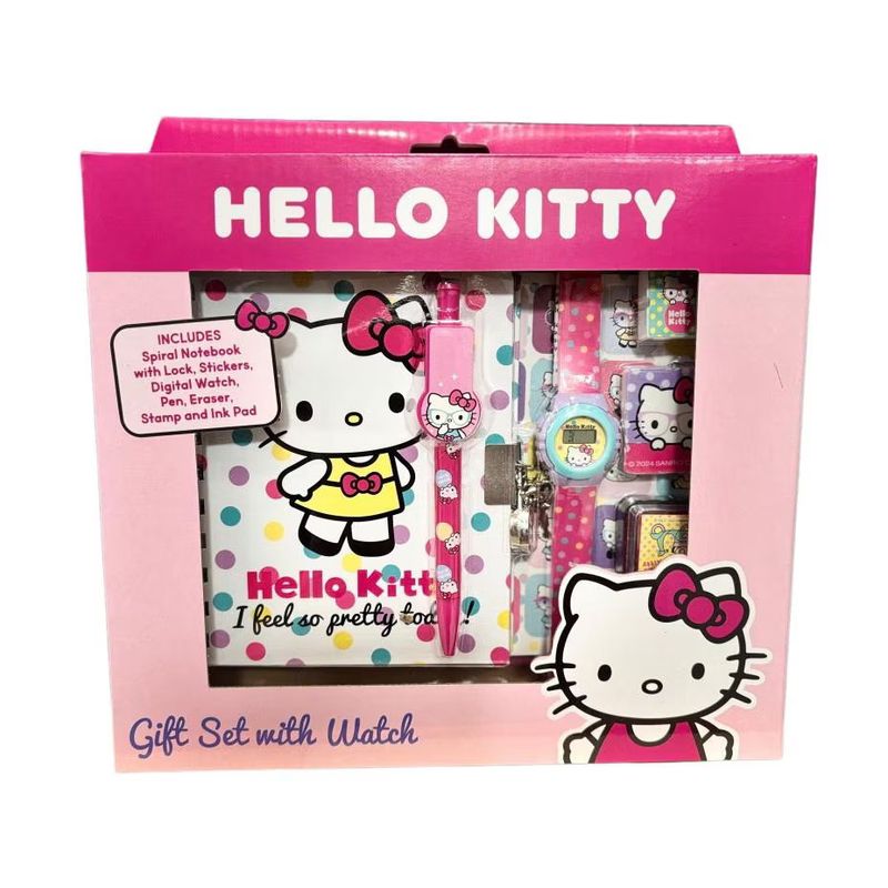 Jucarii, Copii si Bebe - Jucarii si jocuri - Jucarii de rol - Seturi de curatenie copii si accesorii - Set Cadou Cu Ceas Hello Kitty, 6 piese - Infinity.ro