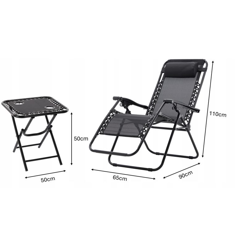 Casa si Gradina - Gradina si terasa - Balansoare si hamace - Balansoare - Set 2 sezlonguri pliabile 90x65x110 cm cu masuta 50x50x50 cm, textilene si cadru metalic, negru - Infinity.ro
