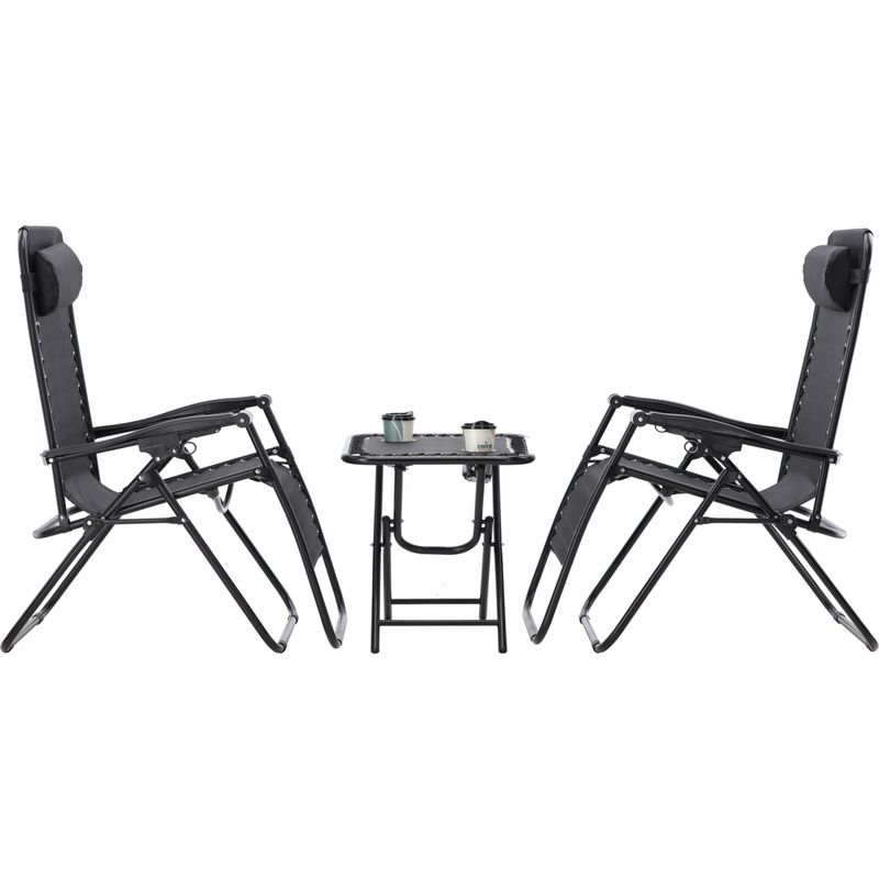 Casa si Gradina - Gradina si terasa - Balansoare si hamace - Balansoare - Set 2 sezlonguri pliabile 90x65x110 cm cu masuta 50x50x50 cm, textilene si cadru metalic, negru - Infinity.ro