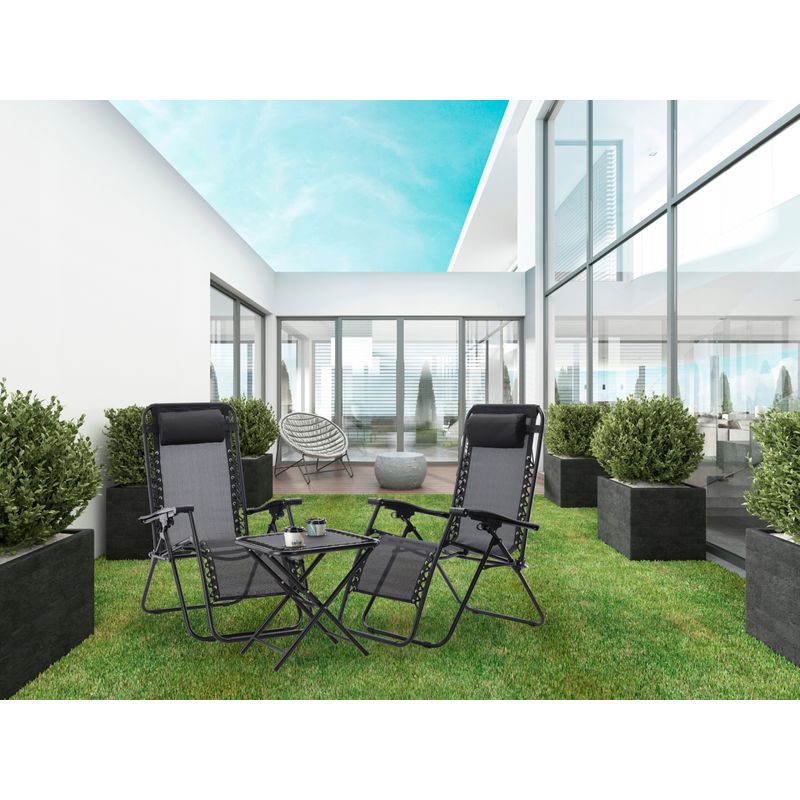 Casa si Gradina - Gradina si terasa - Balansoare si hamace - Balansoare - Set 2 sezlonguri pliabile 90x65x110 cm cu masuta 50x50x50 cm, textilene si cadru metalic, negru - Infinity.ro