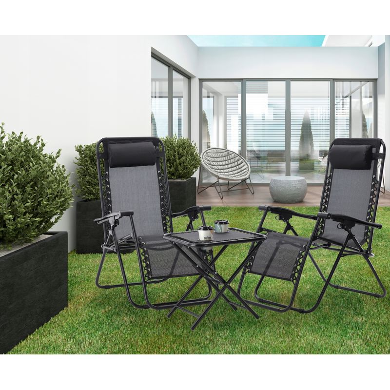 Casa si Gradina - Gradina si terasa - Balansoare si hamace - Balansoare - Set 2 sezlonguri pliabile 90x65x110 cm cu masuta 50x50x50 cm, textilene si cadru metalic, negru - Infinity.ro