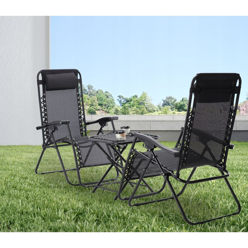 Casa si Gradina - Gradina si terasa - Balansoare si hamace - Balansoare - Set 2 sezlonguri pliabile 90x65x110 cm cu masuta 50x50x50 cm, textilene si cadru metalic, negru - Infinity.ro