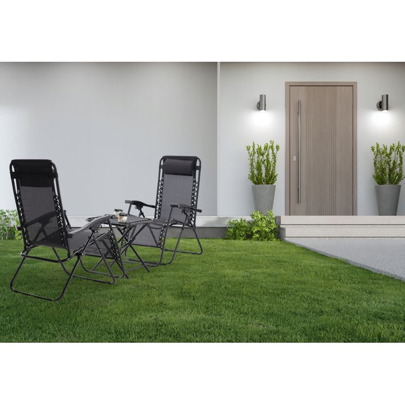 Casa si Gradina - Gradina si terasa - Balansoare si hamace - Balansoare - Set 2 sezlonguri pliabile 90x65x110 cm cu masuta 50x50x50 cm, textilene si cadru metalic, negru - Infinity.ro