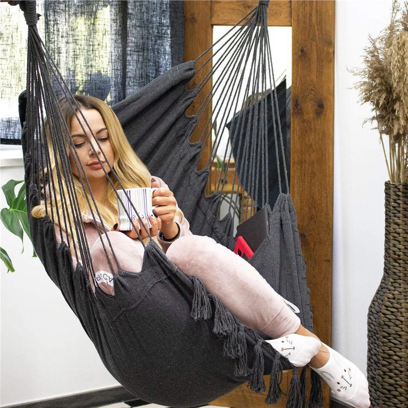 Casa si Gradina - Gradina si terasa - Balansoare si hamace - Balansoare - Hamac tip leagan suspendat pentru casa sau gradina, cu perne, 130x100cm, 150kg, gri inchis - Infinity.ro