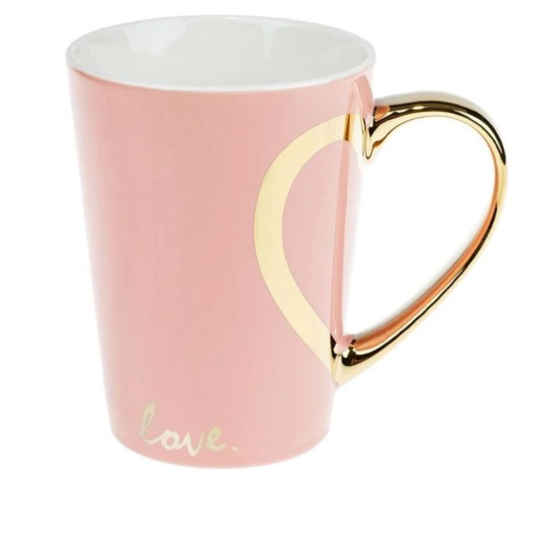 Casa si Gradina - Bucatarie si vesela - Cani si pahare - Cani si cesti - Cana New Bone Roz Maner Auriu Inima, Imprimeu "LOVE", 8 x 11 cm, 350ml - Infinity.ro