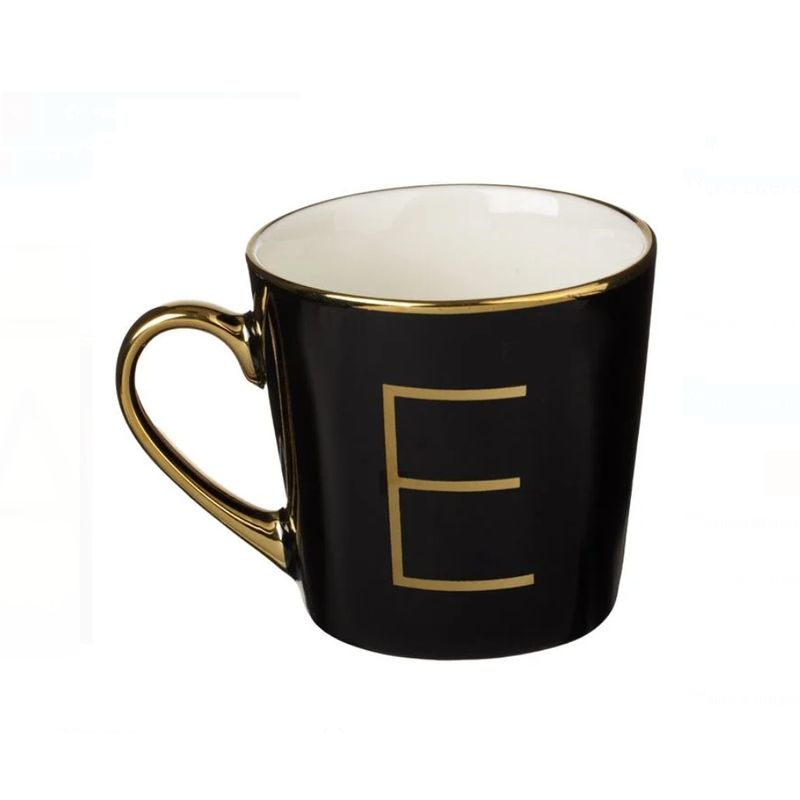 Casa si Gradina - Bucatarie si vesela - Cani si pahare - Cani si cesti - Cana New Bone Neagra cu Litera Aurie E & Maner Auriu, 10 x 10 cm, 460ml - Infinity.ro