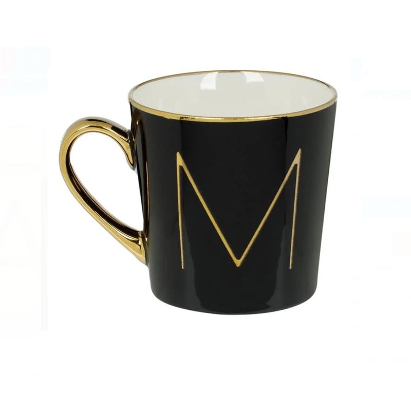 Casa si Gradina - Bucatarie si vesela - Cani si pahare - Cani si cesti - Cana New Bone Neagra cu Litera Aurie M & Maner Auriu, 10 x 10 cm, 460ml - Infinity.ro