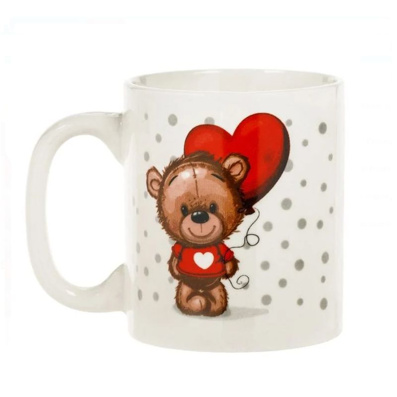 Casa si Gradina - Bucatarie si vesela - Cani si pahare - Cani si cesti - Cana Ceramica cu Imprimeu Ursulet cu Balon Rosu in forma de Inima, 6 x 7.3 cm, Alba,  125ml - Infinity.ro