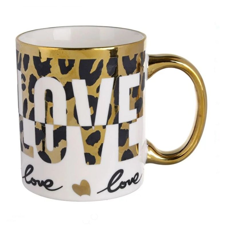 Casa si Gradina - Bucatarie si vesela - Cani si pahare - Cani si cesti - Cana Ceramica cu Model Animal Print din Folie Aurie "Love", 8 x 9.5 cm, 340 ml - Infinity.ro