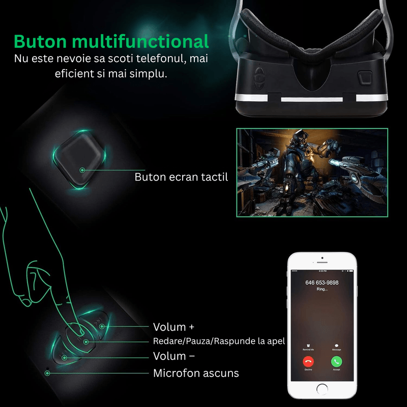 PC, gaming si accesorii - Gaming - Accesorii gaming - Ochelari VR Gaming - Ochelari VR 3D cu Casti si Gamepad, Sunet 9D, Android iOS, Telefoane 4.7–6.6”, Negru - Infinity.ro