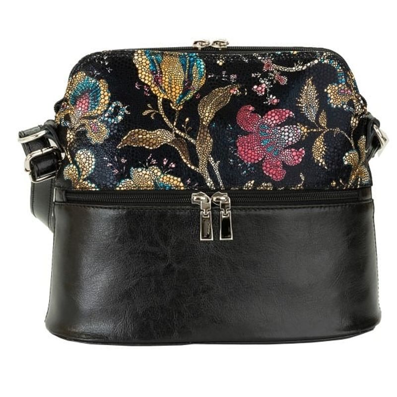 Fashion, accesorii si bijuterii - Femei - Accesorii femei - Genti si rucsacuri femei - Geanta dama din piele naturala, model 239, de umar si crossbody, negru cu flori - Infinity.ro