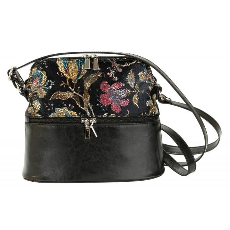 Fashion, accesorii si bijuterii - Femei - Accesorii femei - Genti si rucsacuri femei - Geanta dama din piele naturala, model 239, de umar si crossbody, negru cu flori - Infinity.ro