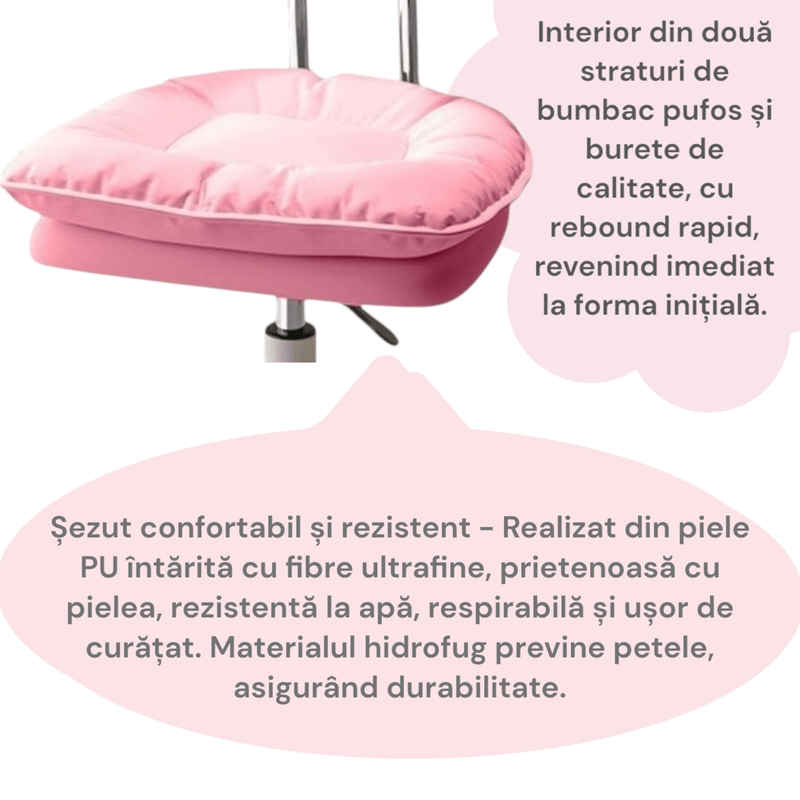 Casa si Gradina - Mobilier - Scaune si fotolii - Scaune - Scaun ergonomic, elegant si versatil, rotativ, mobil, ajustabil pe inaltime (65–75 cm), piele PU,roz - Infinity.ro