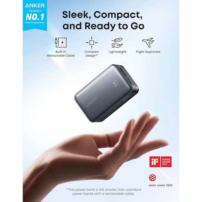 Laptop, Telefoane si Tablete - Telefoane mobile si accesorii - Accesorii Telefoane - Baterii externe - Acumulator extern Anker Nano 10.000 mAh, 45W, cu cablu USB-C InstaCord retractabil, Negru - Infinity.ro