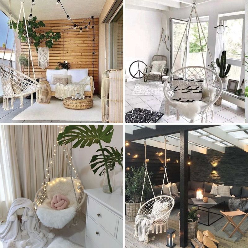 Casa si Gradina - Gradina si terasa - Balansoare si hamace - Hamace si suporturi - Fotoliu suspendat din macrame - Dimensiune Ø60x80cm - Bej - Infinity.ro