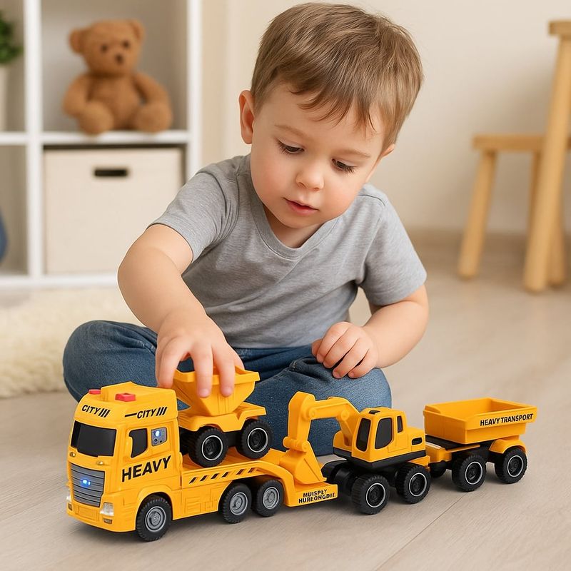 Jucarii, Copii si Bebe - Jucarii si jocuri - Vehicule si jucarii cu telecomanda - Utilaje constructie de jucarie - Camion cu 2 Utilaje de Constructii, Lumini si Sunete, Jucarie Copii - Infinity.ro