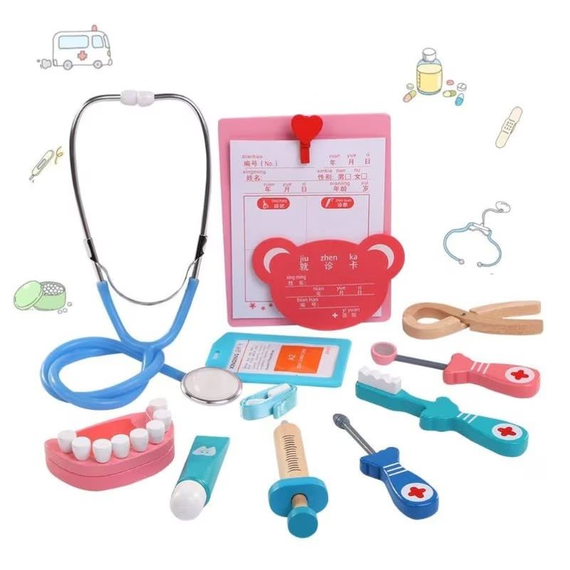 Jucarii, Copii si Bebe - Jucarii si jocuri - Jucarii de rol - Set joaca doctor - Set joaca doctor cu 23 de accesorii din lemn pentru copii +3 ani - Infinity.ro